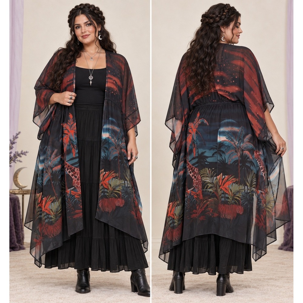 Torrid Twilight Tropical Tiger Safari Jungle Sheer Black Orange Beach 2X Kimono